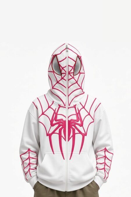 Spider-Man Puff Print Zip Hoodie – White & Pink Web Mask Hoodie