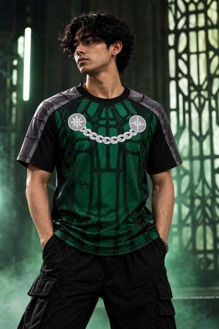 Doomsday Premium Jersey Limited Edition – front view on model, green and black with chain crest