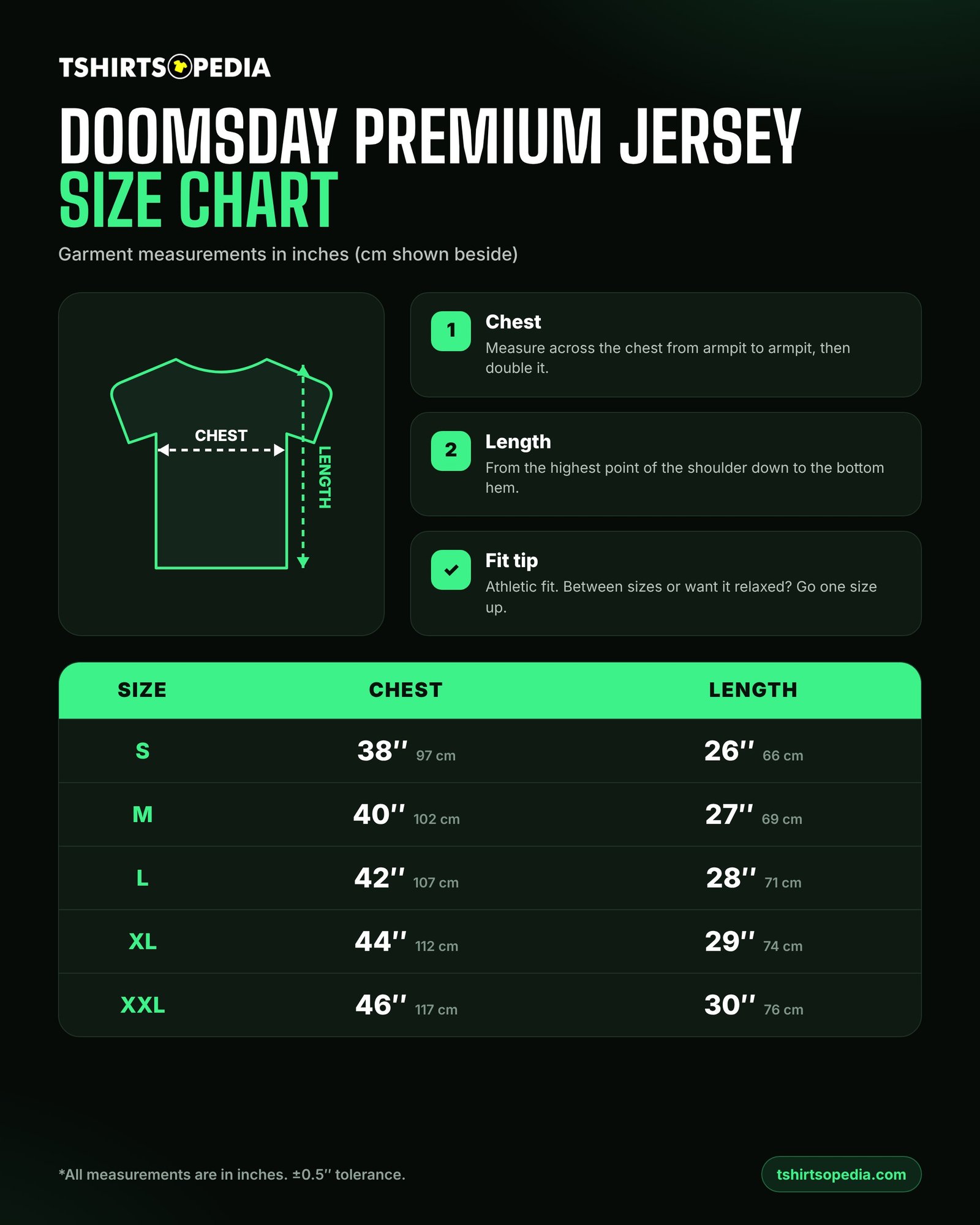 Doomsday Premium Jersey size chart – chest and length in inches and cm, sizes S to XXL