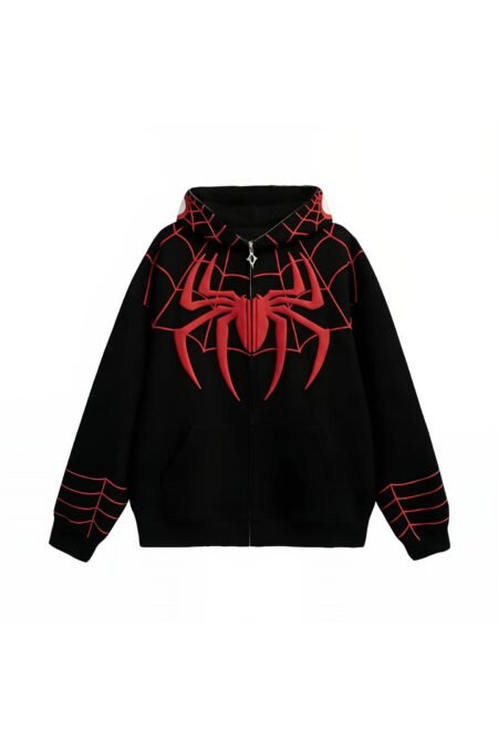 Spider-Man puff print zip hoodie in black with red spider and web design